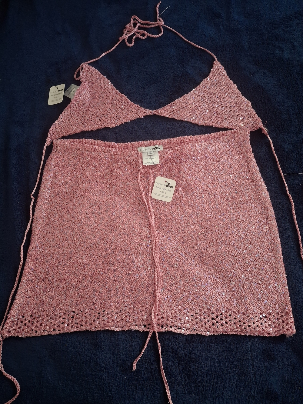 Fashion Nova Pink Crochet Halter Triangle Top & Mini Skirt Set